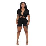 Solid Color Shirt Buckle Lapel Short Sleeve Shorts Set