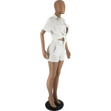 Solid Color Shirt Buckle Lapel Short Sleeve Shorts Set