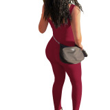 Solid Color Threaded Square Neck Sleeveless Tank Top Sports Jumpsuit