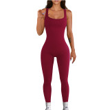 Solid Color Threaded Square Neck Sleeveless Tank Top Sports Jumpsuit