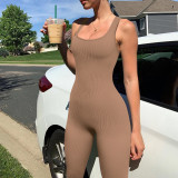 Solid Color Threaded Square Neck Sleeveless Tank Top Sports Jumpsuit