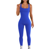 Solid Color Threaded Square Neck Sleeveless Tank Top Sports Jumpsuit
