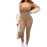 Solid Color Threaded Square Neck Sleeveless Tank Top Sports Jumpsuit