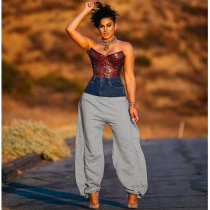 Solid Color Knit Denim Stitching Long Pants