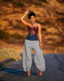 Solid Color Knit Denim Stitching Long Pants