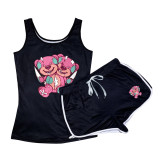 Casual Two Piece Graphic Print Sleeveless Shorts Set