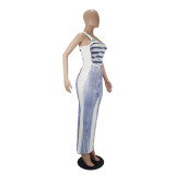 Fashion Imitation Denim Printed Vest U Neck Long Dresses