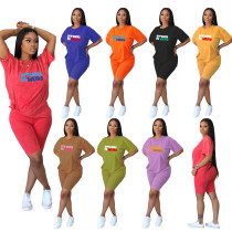 Women's Solid Casual Loose Offset Printed T-shirt Shorts Two-piece Set Sports Summer