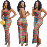 Summer Sleeveless Colorful Striped Printed Slit Long Dress