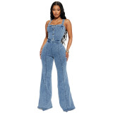 Casual Wide Leg Flared Pants Sexy Suspenders Denim Jumpsuit