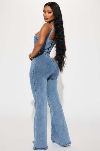 Casual Wide Leg Flared Pants Sexy Suspenders Denim Jumpsuit