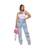 Casual Pants Loose High Waist Wide Leg Ripped Jeans