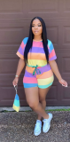 Multicolor Casual Print Patchwork O Neck Straight Short Jumpsuits