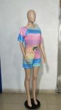 Multicolor Casual Print Patchwork O Neck Straight Short Jumpsuits