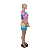 Multicolor Casual Print Patchwork O Neck Straight Short Jumpsuits
