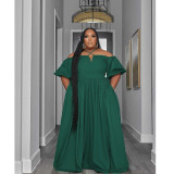 Solid Color Plus Size Straps Off Shoulder Maxi Pleated Dress