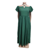 Solid Color Plus Size Straps Off Shoulder Maxi Pleated Dress