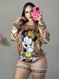 Ladies Casual Mickey Printed Long Sleeve Sweatshirt + Shorts Set
