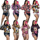 Ladies Casual Mickey Printed Long Sleeve Sweatshirt + Shorts Set