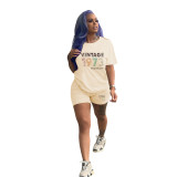 Casual Alphabet Print Short Sleeve Shorts Two-Piece Set