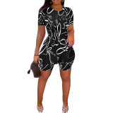 Casual Fashion Graphic Print Slit Hem Short Sleeve Shorts Set