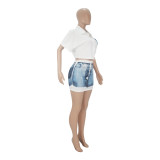 Fashion Pattern Denim Print Short Sleeve Skirt Two-Piece Set