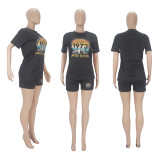 Casual Alphabet Print Short Sleeve Shorts Two-Piece Set