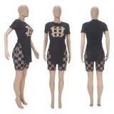 Casual Fashion Graphic Print Slit Hem Short Sleeve Shorts Set