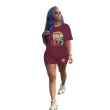 Casual Alphabet Print Short Sleeve Shorts Two-Piece Set