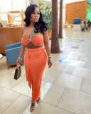 Solid Color Single Shoulder Tube Top + High Waist Pleated Matching Skirt
