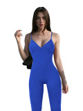 Solid Color Ribbed Straps Deep V Casual Yoga Jumpsuits