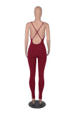 Solid Color Ribbed Straps Deep V Casual Yoga Jumpsuits