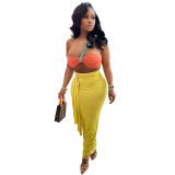 Solid Color Single Shoulder Tube Top + High Waist Pleated Matching Skirt