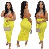 Solid Color Single Shoulder Tube Top + High Waist Pleated Matching Skirt