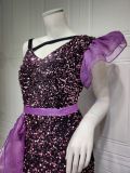 Purple Elegant Solid Sequins Patchwork Slit Asymmetrical Collar Straight Dresses