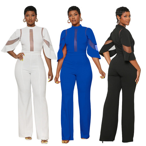 Sexy Trumpet Sleeve Mesh Splicing Wide Leg Jumpsuit