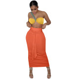 Solid Color Single Shoulder Tube Top + High Waist Pleated Matching Skirt