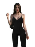 Solid Color Ribbed Straps Deep V Casual Yoga Jumpsuits