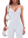 Solid Color Ribbed Straps Deep V Casual Yoga Jumpsuits