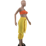 Solid Color Single Shoulder Tube Top + High Waist Pleated Matching Skirt