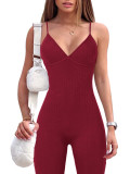 Solid Color Ribbed Straps Deep V Casual Yoga Jumpsuits
