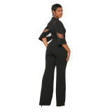 Sexy Trumpet Sleeve Mesh Splicing Wide Leg Jumpsuit