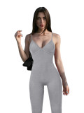 Solid Color Ribbed Straps Deep V Casual Yoga Jumpsuits