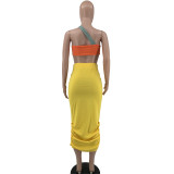 Solid Color Single Shoulder Tube Top + High Waist Pleated Matching Skirt
