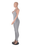 Solid Color Ribbed Straps Deep V Casual Yoga Jumpsuits