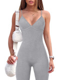 Solid Color Ribbed Straps Deep V Casual Yoga Jumpsuits