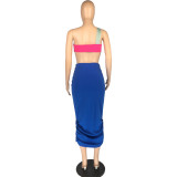 Solid Color Single Shoulder Tube Top + High Waist Pleated Matching Skirt