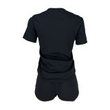 Casual Contrasting Color Letter Printed Sports Two Piece Short Set