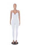 Solid Color Ribbed Straps Deep V Casual Yoga Jumpsuits