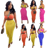 Solid Color Single Shoulder Tube Top + High Waist Pleated Matching Skirt